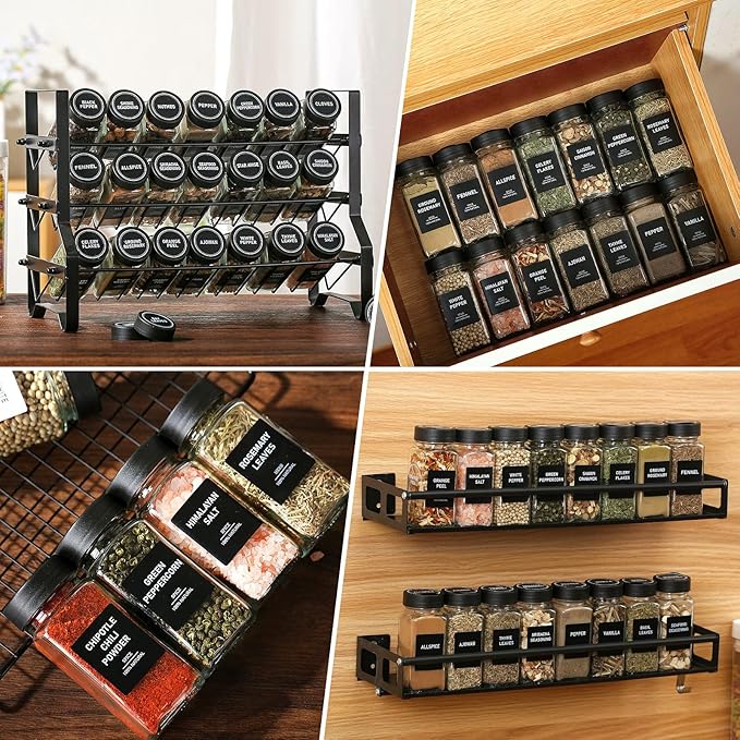 162 Spice Labels Stickers, Preprinted White Spice Jar Labels for Herbs Seasonings, Spice Rack Pantry Organization, Minimalist Black Text (Black 2)