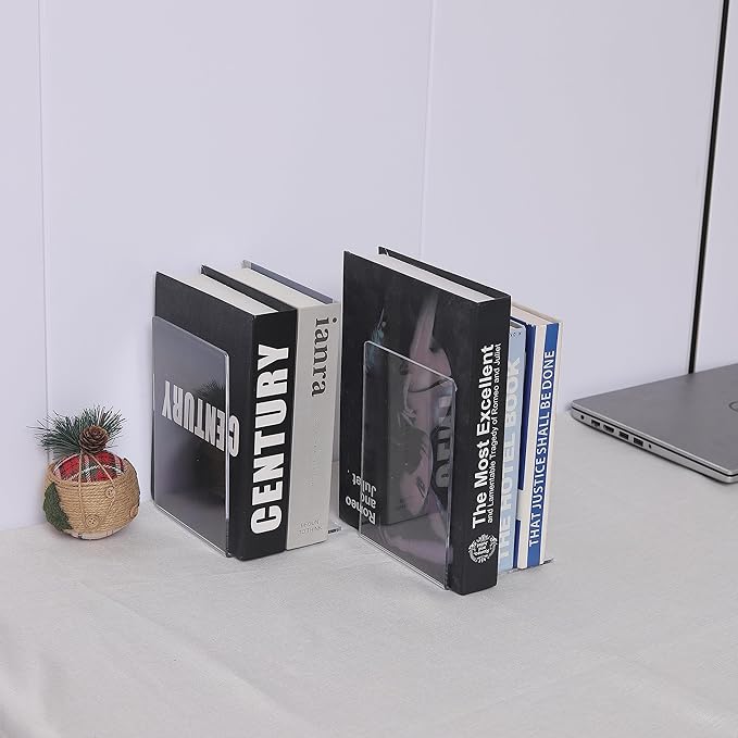 Clear Bookends for Heavy Books,8pcs Acrylic Book Shelf Organizer for Desk,Plastic Heavy Duty Book Holders Standand Invisible Bookshelf Dividers Decorative,Suitable for Office Home Weighted Bookends