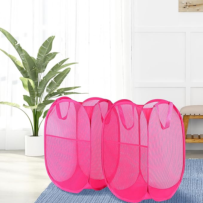 2 Pack Laundry Basket,Foldable Mesh Pop-up Laundry Hamper with Durable Handle,Easy to Open and Fold for Dorm, Laundry Room, Bedroom, RV… (Rose Red+Rose Red)