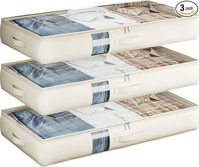 Under Bed Storage Containers with Window, Closet Organizers and Storage Bags, Foldable Underbed Storage Bags for Blankets, Clothing, Comforter, Linen Sheets, Wrapping Paper, 3 Pack, White Ivory