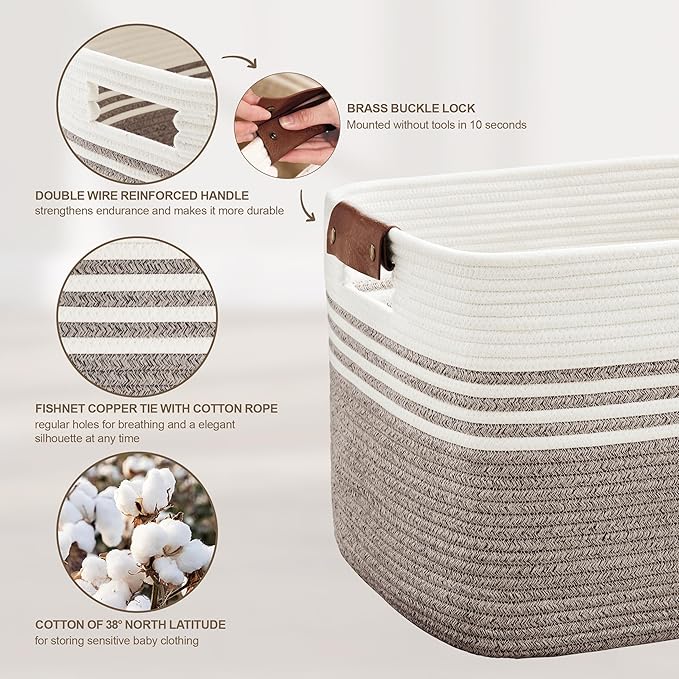 60L Large Laundry Basket with Leather Handles for Living Room Storage, Woven Rope Baskets Bin for Blanket, Kids Toy, Gifts, Wicker Hamper for Bedroom Dirty Clothes, 21"x15"x11" Dark Brown