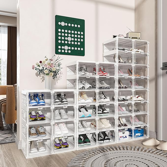 ANTBOX Foldable Shoe Rack,Shoe Organizers for Closet Plastic Shoe Storage Box Space Saving for Entryway, Large Sturdy Stackable Sneaker Cabinet Bins with Magnetic Clear Door 10 Tiers 20 Pairs