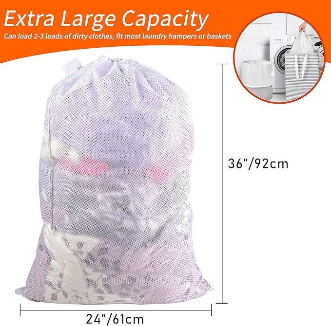 Polecasa Extra Heavy Duty Large Diamond Mesh Laundry Bags with Drawstring Closure & ID Tag, 2Pcs 24 x 36 inches Washable Storage Bag for Hamper, College, Travel, Sports, Dorms, White