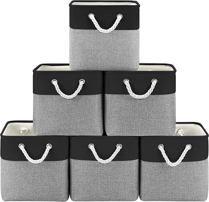 11 Inch Cube Storage Bins, 6 Pack Fabric Storage Cubes with Rope Handles, Organizer Baskets for Closet Shelves, Clothes and Home Organization(Dark/Gray)