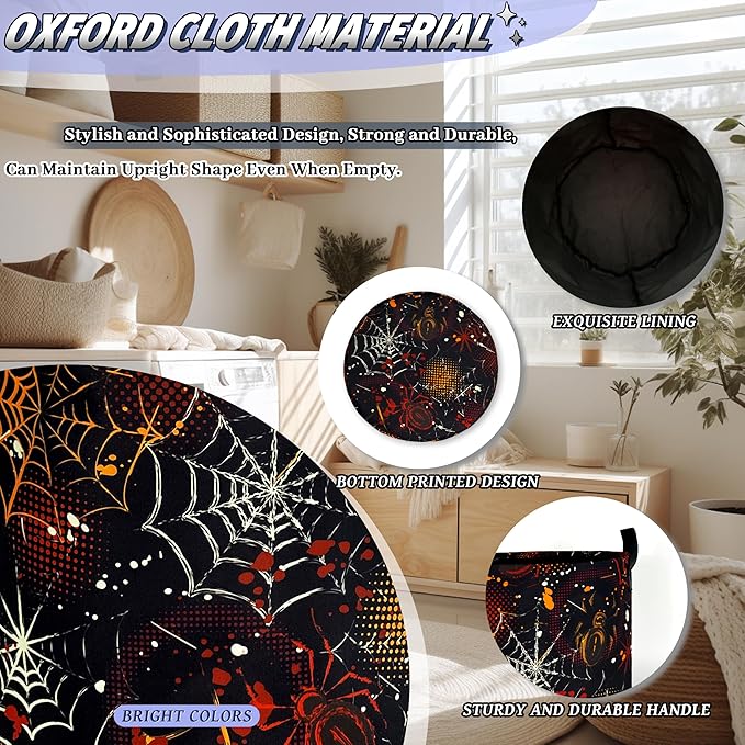 Colorful Spider Web Laundry Basket Foldable Oxford Cloth Halloween Laundry Hamper With Handle Clothes Storage Organizer Basket 18.9"x16.5" Storage Bag For Laundry Room/Bathroom/Bedroom/Dormitories