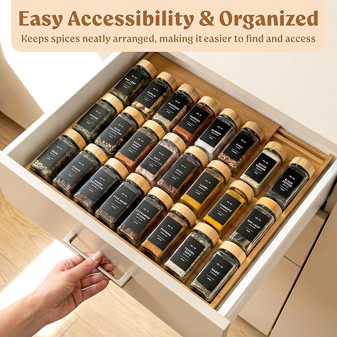Bamboo Spice Drawer Organizer - Expandable 4 Tier Spice Rack (Need 3" Deep Drawer) 12" to 24" Wide, Seasoning Organizer, Organization Seasoning Rack insert (Jars Not Included)