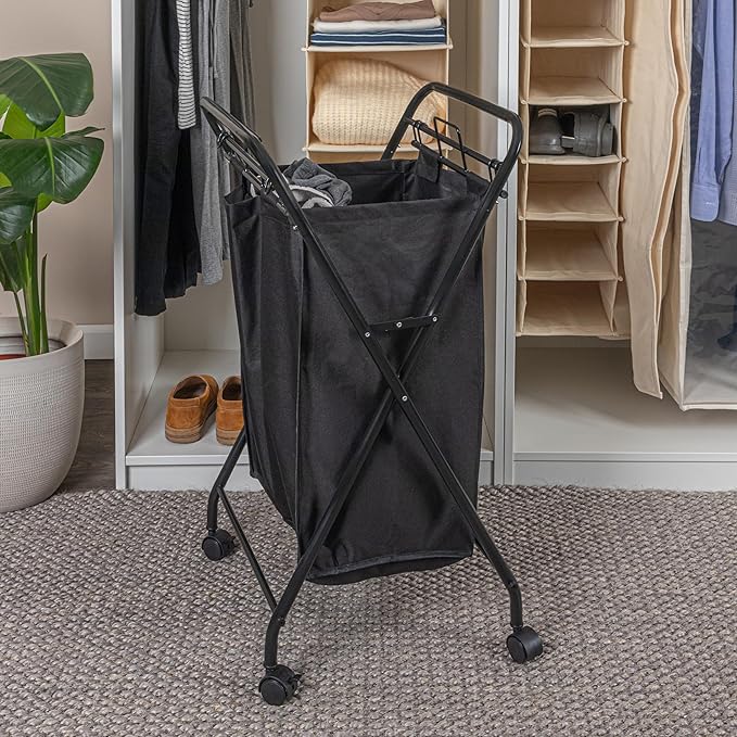 Household Essentials Rolling Laundry Hamper, Heavy Duty Canvas Bag, 2 Load Capacity, Foldable Frame, Black Bag with Velcro Fasteners, Black
