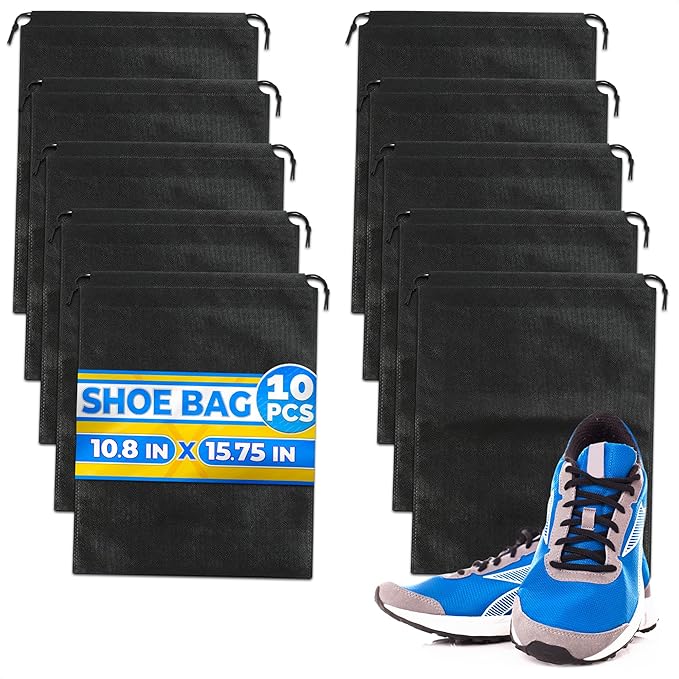 10 Pack Travel Shoe Backpack Set – Non-Mesh Solid 11.8"x15.75" Waterproof Drawstring Shoe Bags for Travel, Clothes, or Wet Gear – Lightweight Storage Organizer and Packing Essential for Women & Men