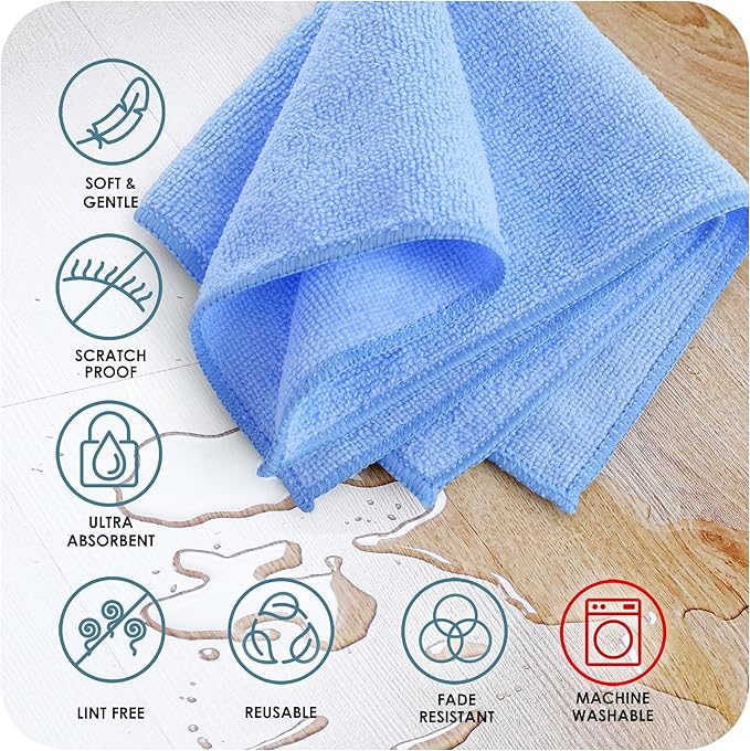 Hearth & Harbor Microfiber Cleaning Cloth, Towels for Cars 144 Pack Washcloths, Blue Rags, Reusable Towel, Cloth Rags Cleaning, Lint Free 12''x12''