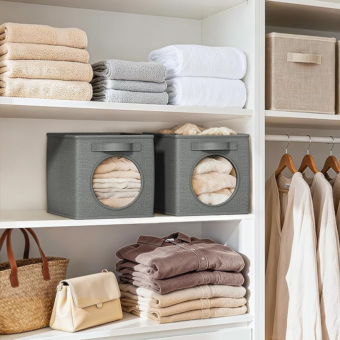 Vailando Foldable Fabric Storage Cube with Round Window - 4 Pack 13"x13"x13" Collapsible Closet Organizer Bins for Clothes, Shelves, Offices, Toys & Misc, Dark Gray