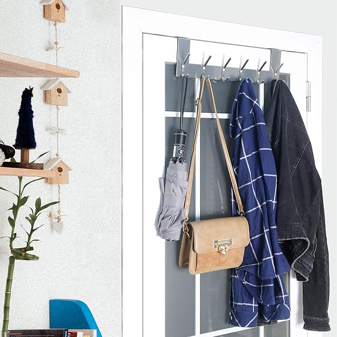 WEBI Over The Door Hook Door Hanger:Over The Door Towel Rack with 6 Hooks for Hanging Coats,Door Coat Hanger Towel Hanger Over Door Coat Rack for Towels,Clothes,Back of Bathroom,Silver