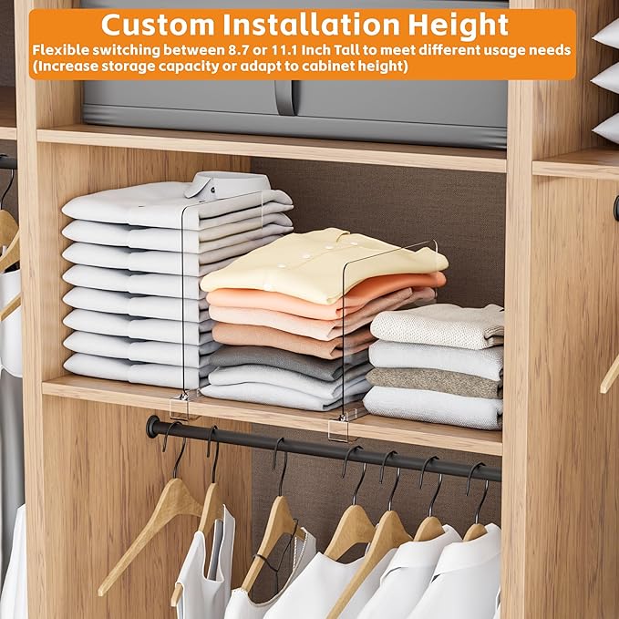 Yieach 4 Pack Towel,Sweater,Purse Organizer and Acrylic Shelf Dividers for Closet Organization - Adjustable Height - Vertical Shelf Separators for T Shirt,Clear Closet Shelf Divider for Wood Shelves