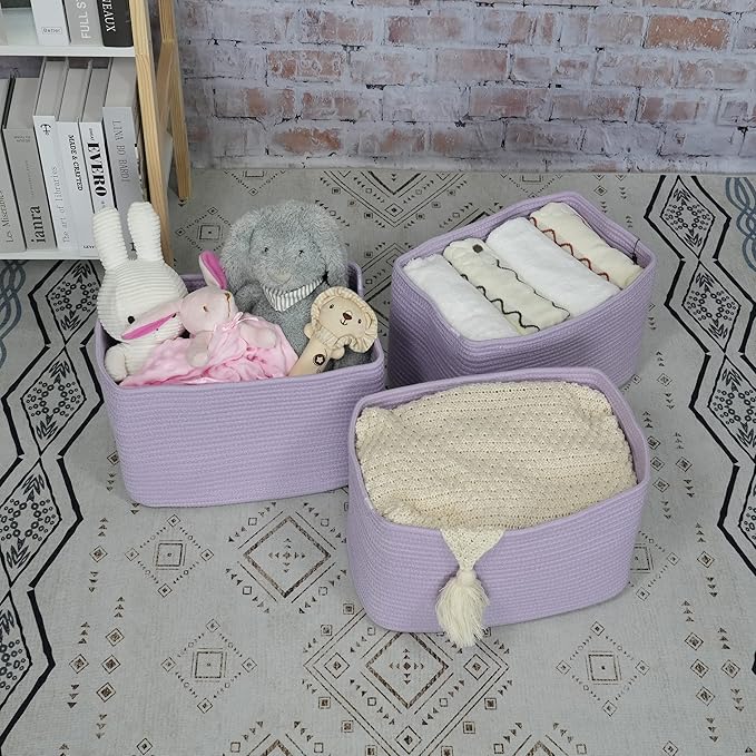Cotton Rope storage Basket Bins Woven Basket for Organizing Shelves 15X10X9.3" Rectangle Decorative Baskets For storage Clothes Toys Books Towels Nursery basket organizer 3 pack purple or lavender