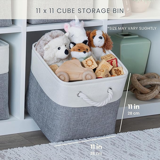 OrganiHaus 11x11 Cube Storage Bins 4 Pack, Foldable Cube Storage Organizer w/ Rope Handles, Collapsible Fabric Bins for Toys, Clothes & Closet Organization, Fabric Square Baskets - Gray/Black