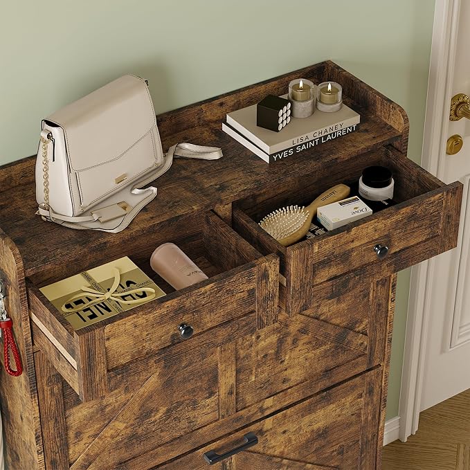 BORNOON Shoe Storage Cabinet for Entryway, Farmhouse Narrow Shoe Cabinet with 2 Flip Drawers & Top Drawers, Adjustable Shelves & Hooks, Freestanding Hidden Rack Organizer for Hallway, Foyer