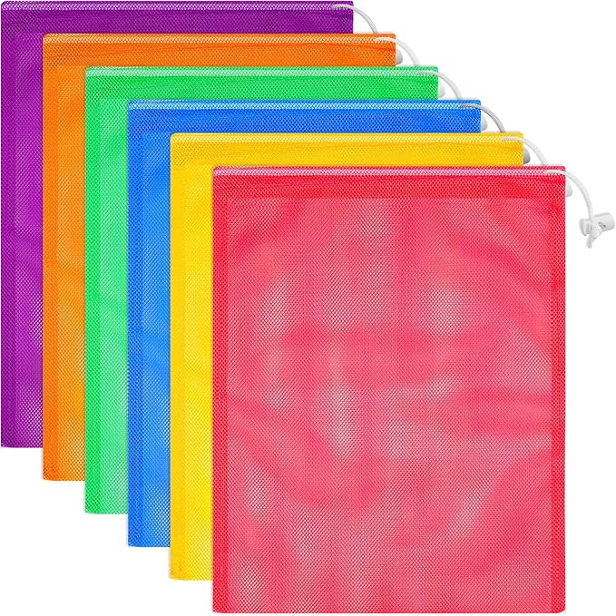 Frienda 6 Pieces Mesh Stuff Sack, 11 x 15 Inch Durable Nylon Drawstring Laundry Bag for Rinsing Beach Toys, Seashell Collecting, Mesh Bags for Travel(Rainbow Color)