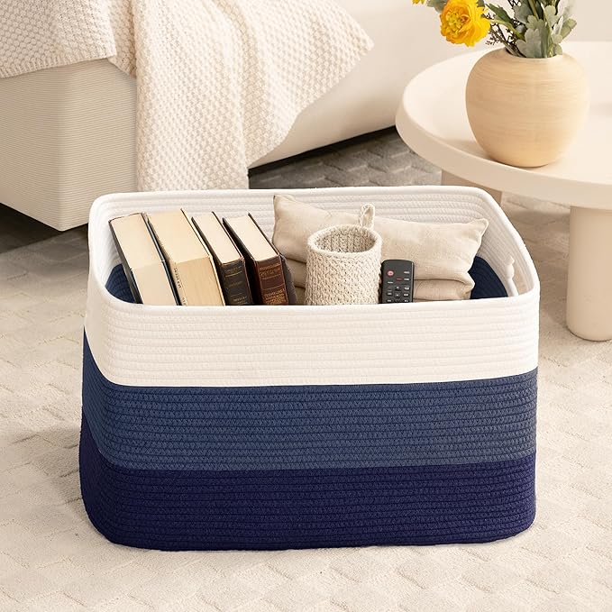 72L Large Laundry Basket with Leather Handles for Living Room Storage, Woven Rope Baskets Bin for Blanket, Kids Toy, Gifts, Wicker Hamper for Bedroom Dirty Clothes, 22"x17"x12" Gradient Blue