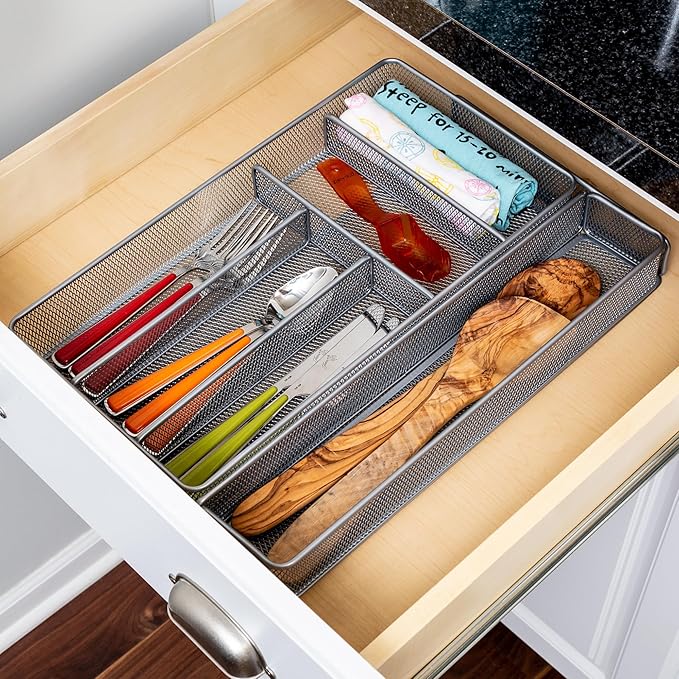 Honey-Can-Do KCH-02163 Steel Mesh 7-Compartment Expandable Utility Drawer Organizer, Silver