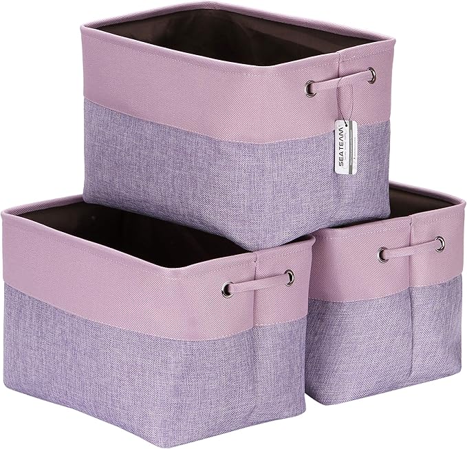 Sea Team 3-Pack Large Storage Basket Set, Trunk Organizer, Clothes Toys Bin, 15 x 10 x 10 Inches, Big Rectangular Canvas Fabric Collapsible Shelf Box with Handles for Kids Room (Lavender/Orchid)