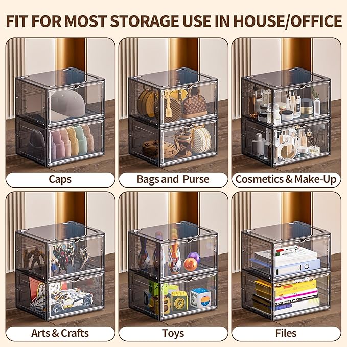 TOFWOF 12 Pack XX Large Shoe Organizer, Heavy-Duty Hard Thicken Plastic Clear Stackable Shoe Storage Box Organizer for Closet, Space-Saving Shoe Rack Display Case Bin Containers for Sneakers, Grey