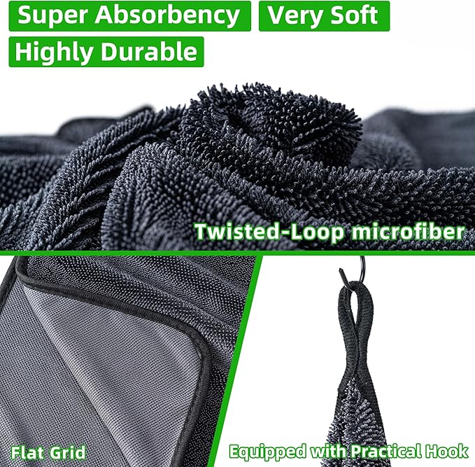 CADONO Large Microfiber Car Drying Towel, Ultra Absorbent Microfiber Cleaning Cloth for Cars, Bath Towels, No Streaks, Scratches, or Water Spots Double-Twist Pile Design(36"x 24")