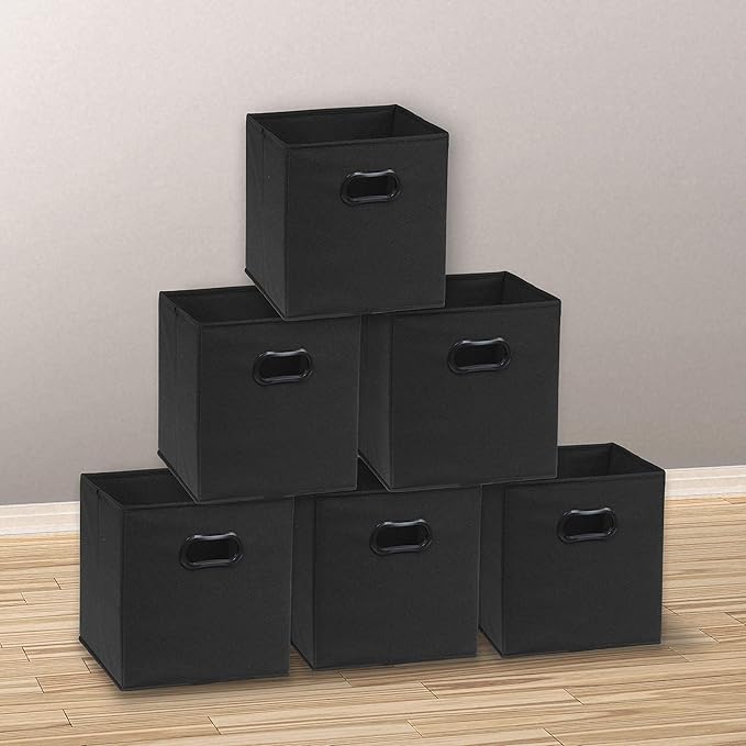 Simple Houseware Foldable Cube Storage Bins with Handles, 11-Inch, Black, 6-Pack, Fabric Cubes Organizer for Closet or Shelves