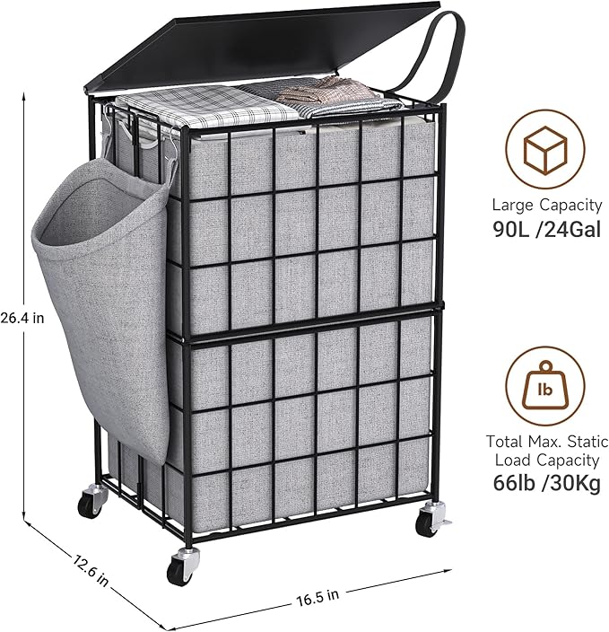 90L Laundry Basket with Wheels, Large Capacity Laundry Hamper with Removable Liner Bags, Heavy Duty Laundry Sorter with Solid Wood Lid & Leather Handles (Grey) TLH001G01