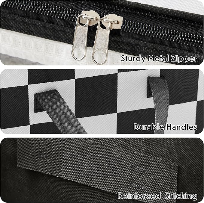 Black and White Checkered Clothes Storage Bins, 100L Large Blanket Storage Bags 3 Pack, Closet Organizers and Storage Containers for Comforters, Bedding, Foldable Organizer with Handle
