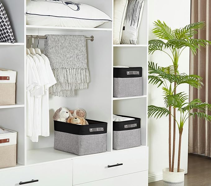 DECOMOMO Storage Baskets for Shelves - Fabric Storage Bins, Linen Closet Organizers and Storage (Grey & Black, XL - 3 Pack)