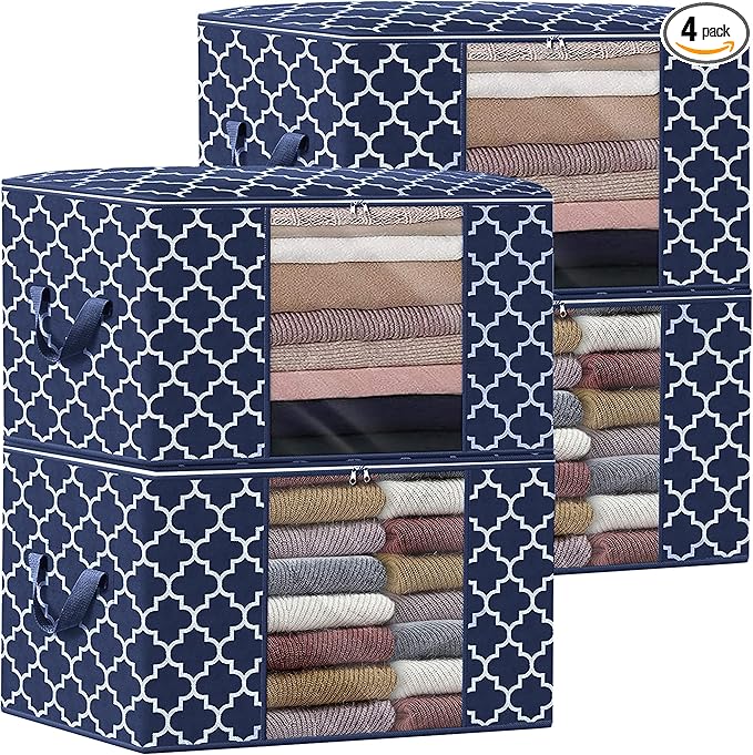 WISELIFE Storage Bags, Large Blanket Clothes Organization and Storage Containers for Bedding, Comforters, Foldable Organizer with Reinforced Handle, Clear Window,Sturdy Zippers,(Blue, 4 x 100L)