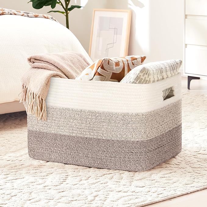 45L Small Laundry Basket with Leather Handles for Living Room Storage, Woven Rope Baskets Bin for Blanket, Kids Toy, Gifts, Wicker Hamper for Bedroom Dirty Clothes, 18"x14"x11" Gradient Brown