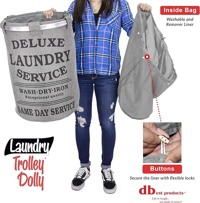 dbest products Laundry Trolley Dolly, Grey Laundry Bag Hamper Basket cart with wheels sorter