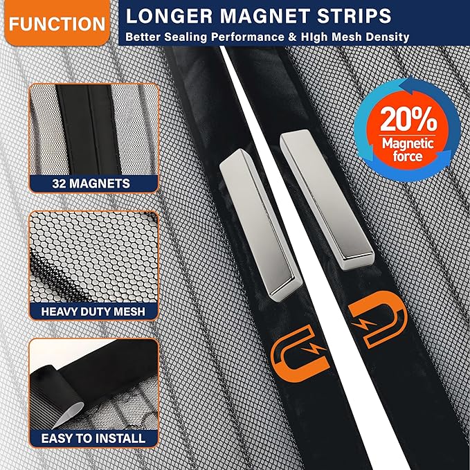 Magnetic Screen Door,Self Sealing Magnets, Easy Install Screen Doors with Magnets,Pet & Kid Friendly- Fits Doors up to36 x 78 Inches
