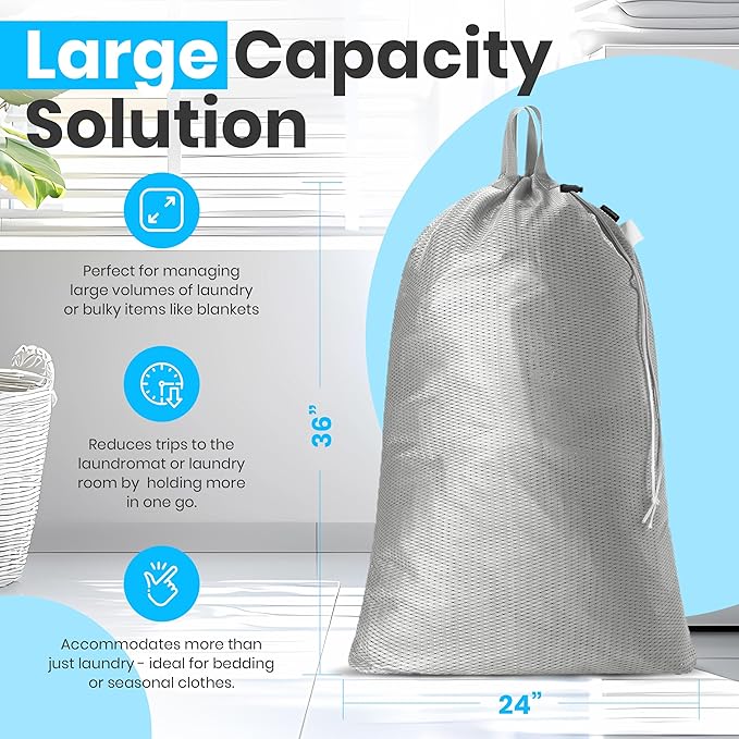 Large Mesh Laundry Bags - 2-Pack Heavy Duty with Handles & Drawstring - Machine Washable Net Laundry Sacks for College Dorm, Camp, Travel, Bedding & Clothes Storage (Grey)