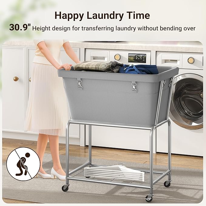 ELYKEN Laundry Cart with Wheels, Rolling Laundry Hamper with Removable Bag and Shelf, Metal Frame Laundry Basket with 4 Casters and 2 Brakes, Ideal for Bedroom, Bathroom, Laundry Room, Gray