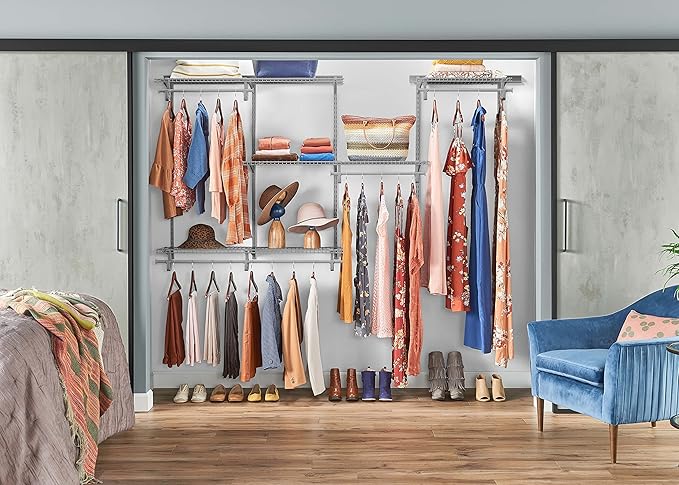 ClosetMaid ShelfTrack Wire Closet Organizer System, Adjustable from 5 to 8 Ft., With Shelves, Clothes Rods, Hardware, Durable Steel, Satin Chrome