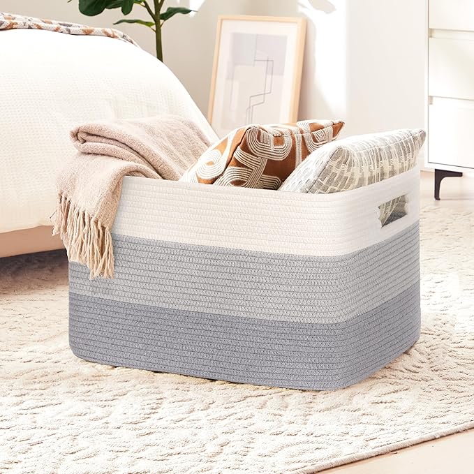 45L Small Laundry Basket with Leather Handles for Living Room Storage, Woven Rope Baskets Bin for Blanket, Kids Toy, Gifts, Wicker Hamper for Bedroom Dirty Clothes, 18"x14"x11" Gradient Grey