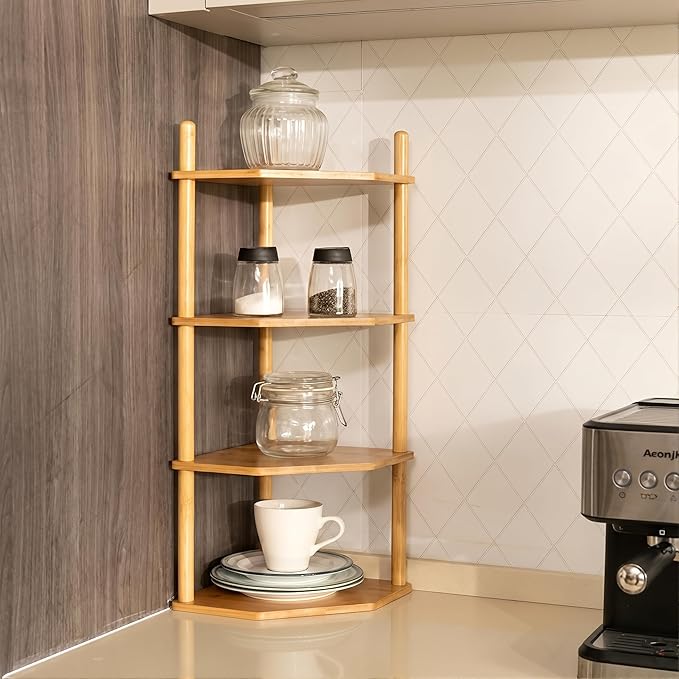 4 Tier Expandable Bamboo Corner Shelf - Dish/Plate Organizer for Cabinet, Kitchen Counter Shelf & Small Kitchen Shelf, Adjustable (1, 4Tier-6.7" H)