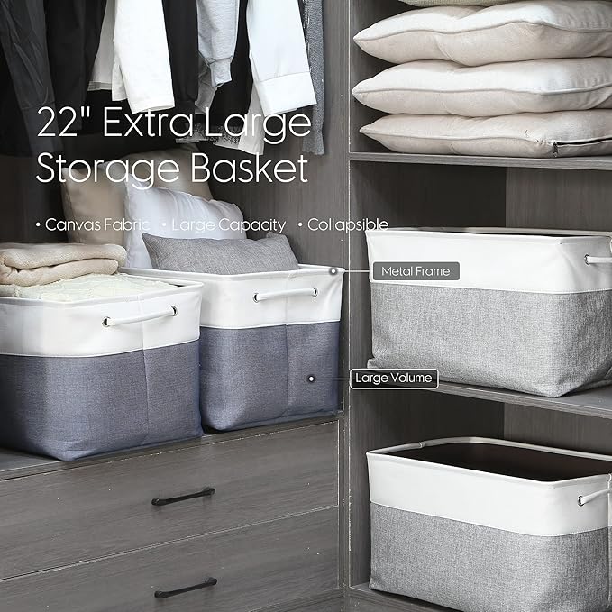 Sea Team 3-Pack Large Storage Basket Set, Trunk Organizer, Clothes Toys Bin, 15 x 10 x 10 Inches, Big Rectangular Canvas Fabric Collapsible Shelf Box with Handles for Kids Room (Denim/White)