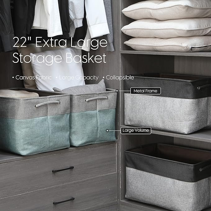 Sea Team 3-Pack Extra Large Storage Basket Set, Trunk Organizer, Clothes Toys Bin, 22 x 15 x 13 Inches, Rectangular Canvas Fabric Collapsible Shelf Box with Handles for Kids Room (Grey/Stone Blue)