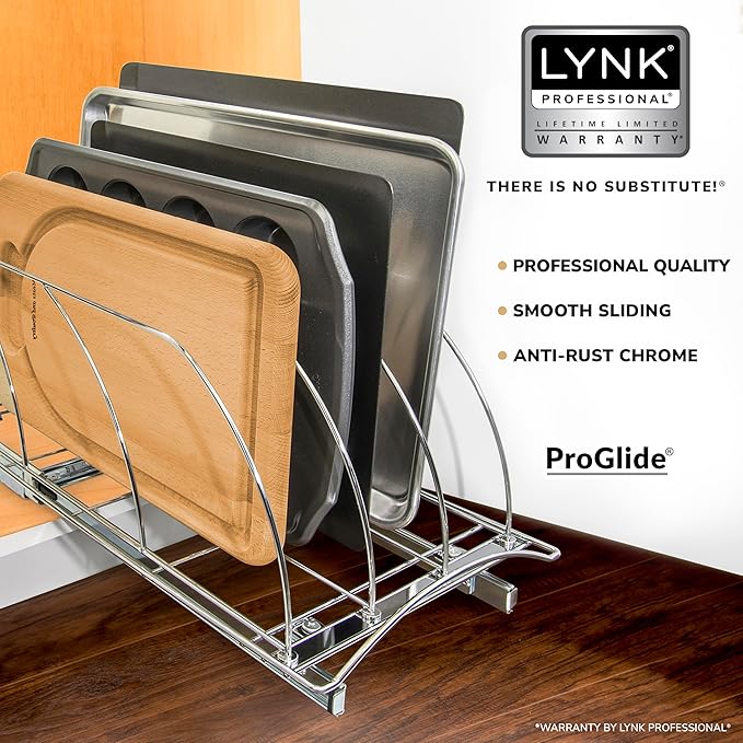 LYNK PROFESSIONAL® Pull Out Cutting Board, Baking Pan, and Cookie Sheet Organizer for Cabinet - Lifetime Ltd. Warranty - Slide Out Kitchen Cabinet Organizers – 10” x 21” Deep – Pull Out Drawer, Chrome