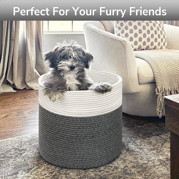 Goodpick Large Cotton Rope Basket, Blanket Basket Living Room 15.8"x15.8"x13.8" Baby Toy Storage, Woven Storage, Gray