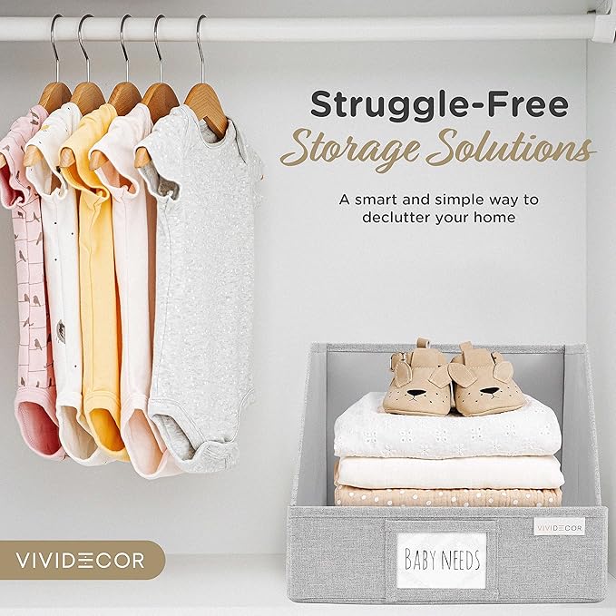 VIVIDECOR Trapezoid Closet Bins for Shelves – 12x12x10 Fabric Storage Baskets, Closet Organizers Bins, Open Front Fabric Baskets, Collapsible Organizer Boxes for Clothes, Linen – Light Gray, 3 Pack