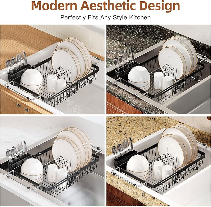 romision Expandable Dish Drying Rack Over The Sink Small Metal Stainless Steel Plate Holder for Compact Kitchen, Space Saving Modern Black Hanging Drainer