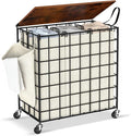 Laundry Basket with Wheels, Heavy Duty Laundry Sorter 3 Sections, 140L (37Gal.) Large Capacity Laundry Hamper with Wood Lid, 360 Rolling Wheels, Extra Side Pocket, Leather Pull Handle (Beige)