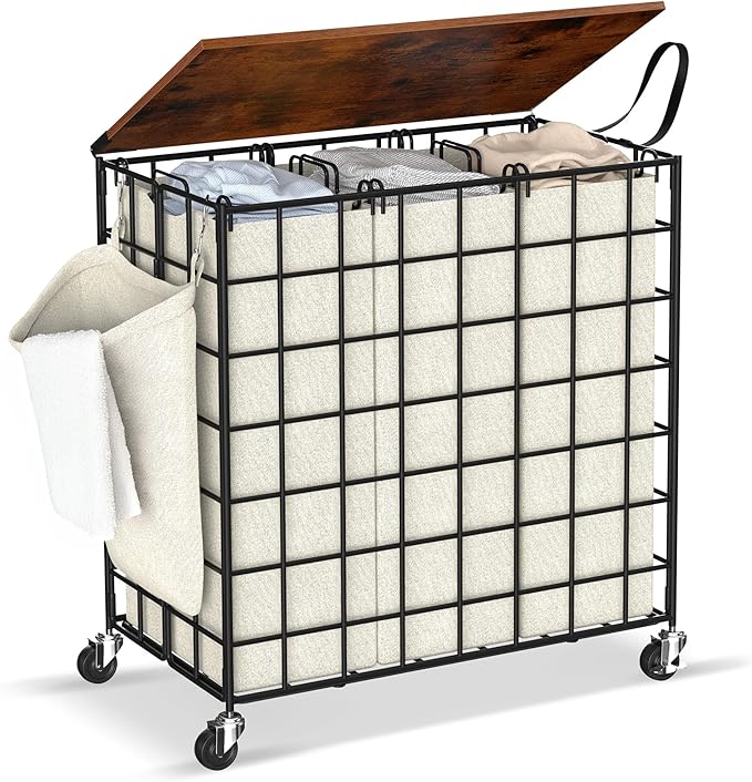 Laundry Basket with Wheels, Heavy Duty Laundry Sorter 3 Sections, 140L (37Gal.) Large Capacity Laundry Hamper with Wood Lid, 360 Rolling Wheels, Extra Side Pocket, Leather Pull Handle (Beige)