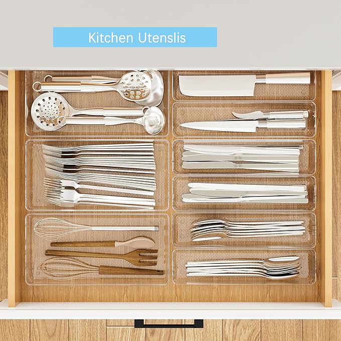 ihomecooker 3 Pack Clear Plastic Drawer Organizer Tray Cutlery Utensil Makeups Drawer Silverware Organizers 12" X 6"&12＂X3＂(9Pack)