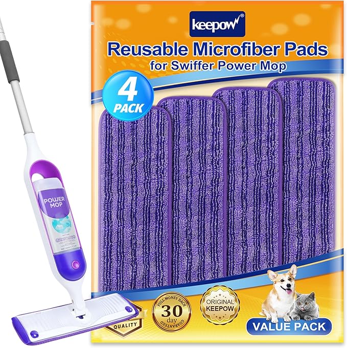 KEEPOW Reusable Power Mop Refill Pads for Swiffer Power Mop, Powermop Mopping Pad Refills for Wood Floor Cleaning, Machine Washable Microfiber Mop Pads for Wet and Dry Use, 4 Pack