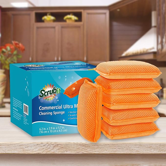 Miracle Microfiber Kitchen Sponge by Scrub-It - Non-Scratch Heavy Duty Dishwashing Cleaning sponges- Machine Washable- (Orange)