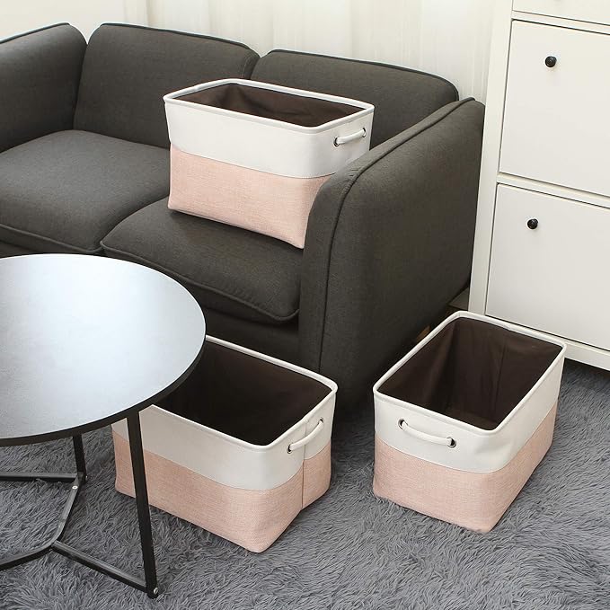 Sea Team 3-Pack Large Storage Basket Set, Trunk Organizer, Clothes Toys Bin, 15 x 10 x 10 Inches, Big Rectangular Canvas Fabric Collapsible Shelf Box with Handles for Kids Room (Pale Blush/White)